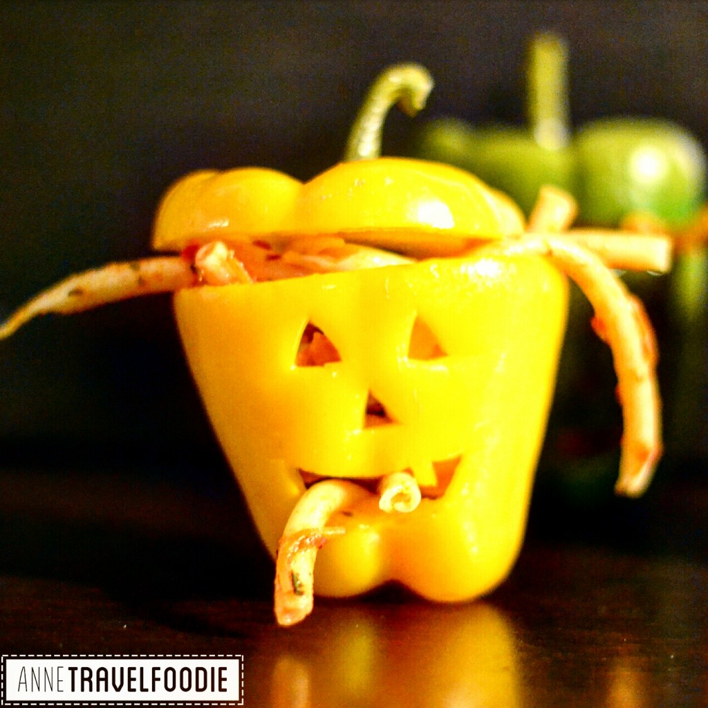 vegan halloween stuffed bell pepper jack-o lanterns