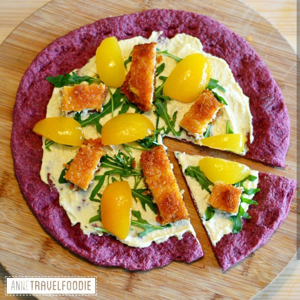 red beet pizza with peach and vegan chicken