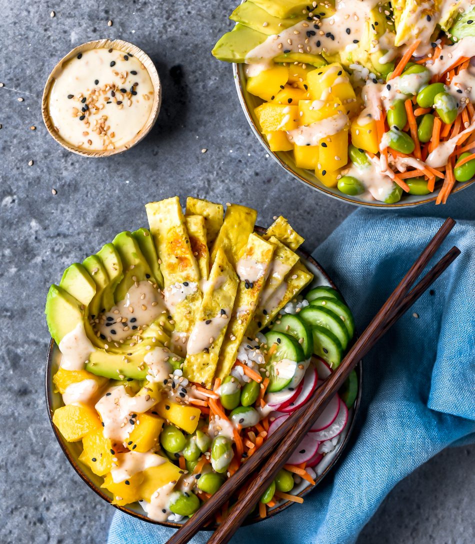 Vegetarian Poke bowl with mango and omelet Anne Travel Foodie